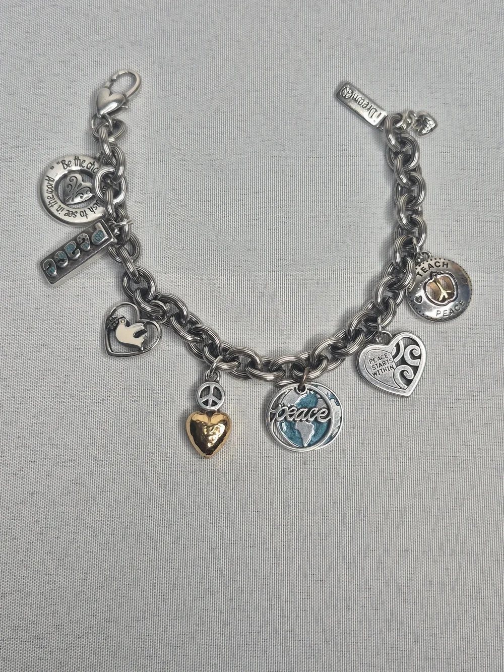 Brighton Vintage Silver Peace Charm Bracelet EUC